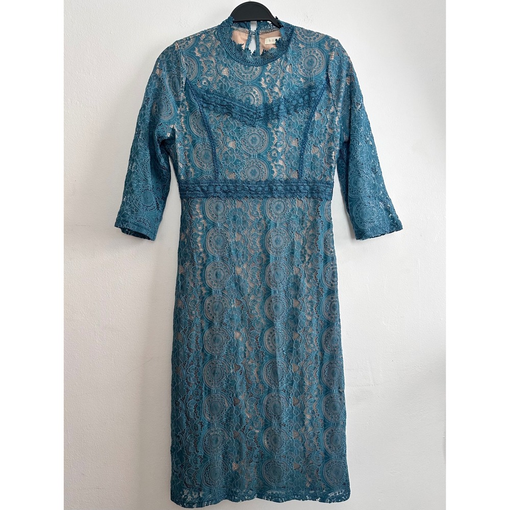 Bohme Teal Blue Floral Lace Mock Neck Midi Dress Med Elegant Romantic Whimsical